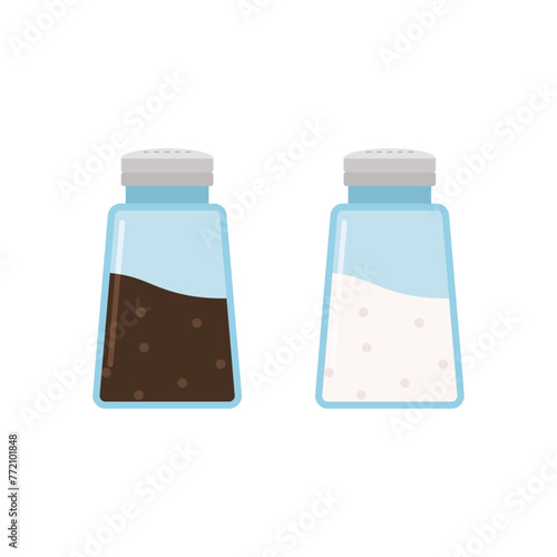 Glass salt and pepper shakers icon set flat design vector illustration. Glass jars, saltcellar with kitchen seasonings, flavoring for sprinkling spicy powder. Ingredients, condiments for food.