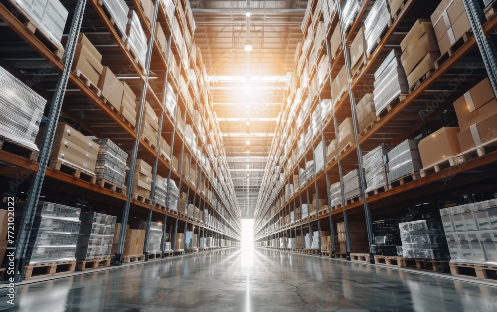 A retail warehouse full of shelves and merchandise housed in cardboard boxes. Logistics and distribution warehouse center