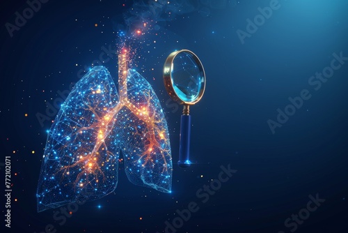 Concept of pulmonology and lung illness. Polygonal abstract creative isolated on blue background. Low poly wireframe style. photo