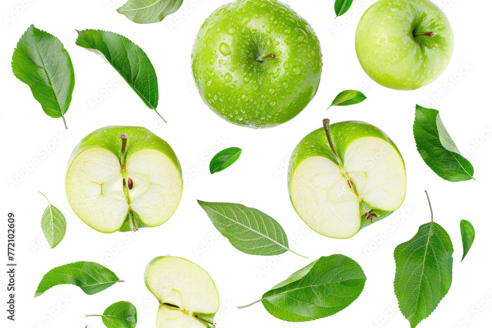 Green apple has water drop with slices and green leaves isolated on white background. Green apple has water drop with slices and green leaves isolated on white background.