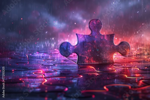 Modern illustration on a dark night background with light effect of a puzzle in a digital futuristic style.