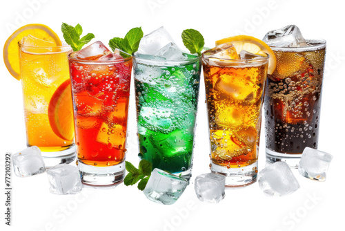 
Ice cubes and different soda drinks on white background isolated on white background. photo