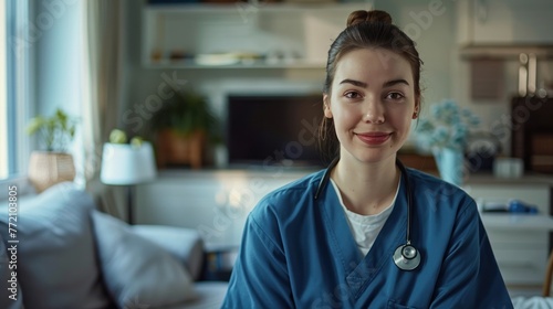 A smiling healthcare professional in blue scrubs with a stethoscope, sitting relaxed in a well-lit, cozy living room space.