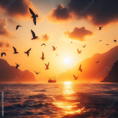 Sunset over the water with birds flying against sunlight on the Mediterranean Sea 
