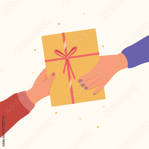 Hands of women holding gift box together. Friend giving surprise package. Giving a Gift Hands concept.