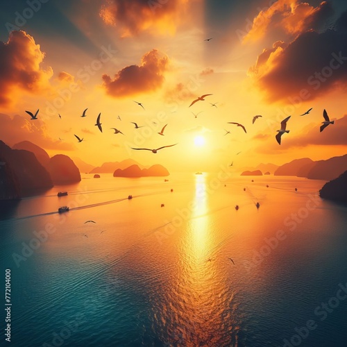 Sunset over the water with birds flying against sunlight on the Mediterranean Sea 