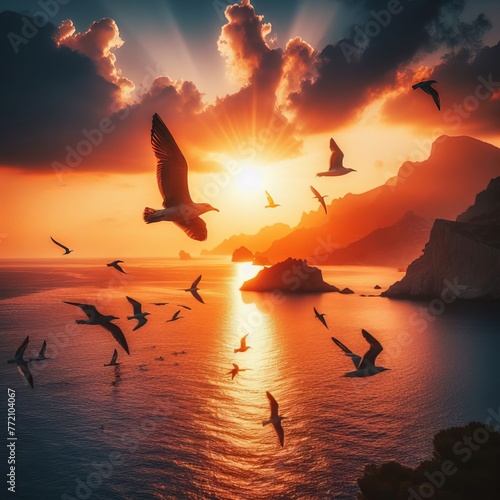 Sunset over the water with birds flying against sunlight on the Mediterranean Sea 