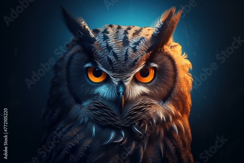 Wise Owl portrait eyes. Dark raptor. Generate Ai