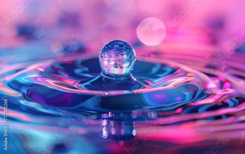 Beautiful clean transparent bright drop of water on smooth surface in blue and pink colors, macro. Creative image of beauty of environment and nature