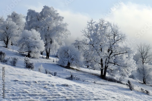 : A snowy hillside, with frost-covered trees and a peaceful atmosphere
