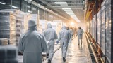 Workers in cold storage suits, frozen products in a vast refrigerated warehouse