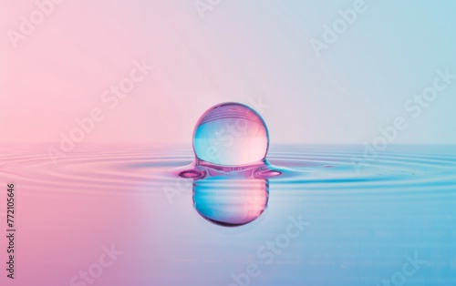 Beautiful clean transparent bright drop of water on smooth surface in blue and pink colors, macro. Creative image of beauty of environment and nature