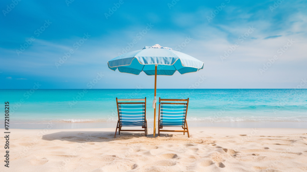 chair, beach umbrella, blue sea and beach background, travel and relax activity concept