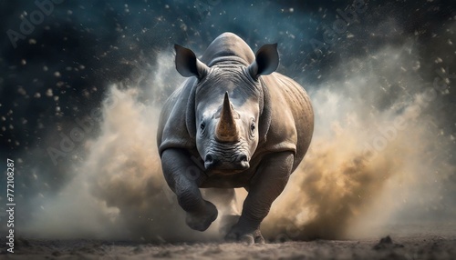 a running rhino in a cloud of dust AI Generated