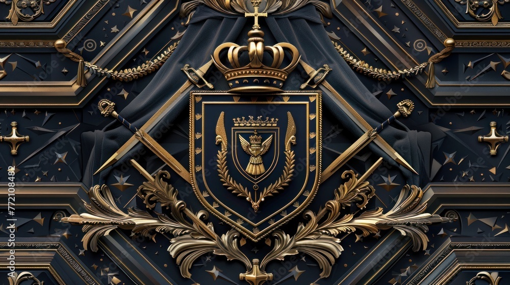 Elaborate golden crest with eagle emblem, crossed swords, surrounded by ornate patterns and stars on a dark, textured background.