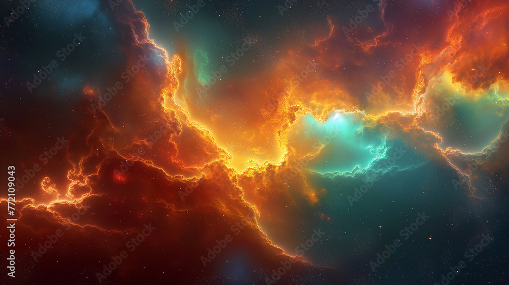 Space background, nebula gas clouds in deep space with orange, yellow, green and blue glow