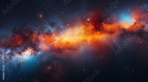 Space background, nebula star formation in deep space with fiery orange gas cloud and blue glow