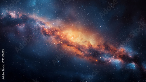 Space background, nebula with orange, yellow and blue glow through deep space photo