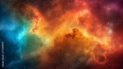 Space background, nebula gas clouds in deep space with orange, yellow, green and blue glow © Lee