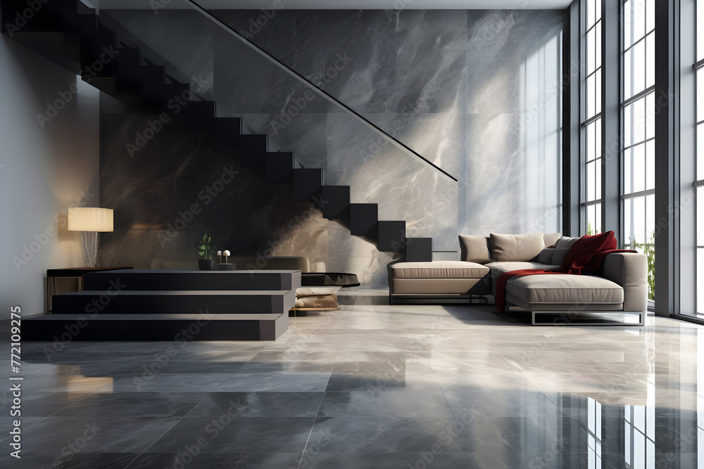 Luxury living room with marble floor and cantilever with stair case ...