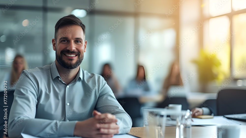 Happy Professional with Project Plan in Blurred Setting, Professional, project plan, blurred Happy Professional with Project Plan in Blurred Setting, Professional, project plan, blurred