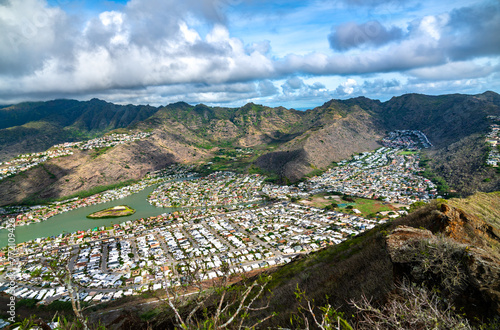 View of Hawaii Kai from the summit of Koko Head Stairs trail. Oahu island in Hawaii, United States