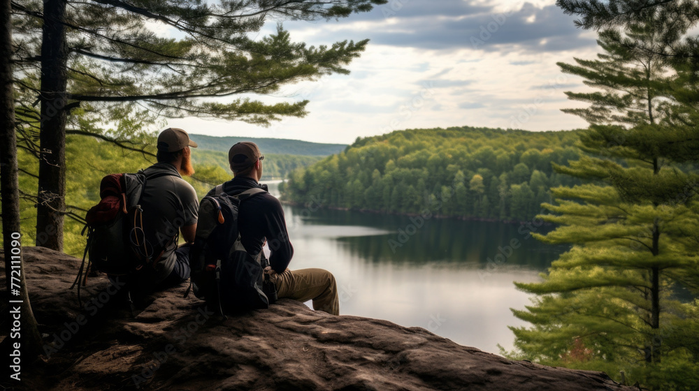 Two men are sitting on a rock overlooking a lake