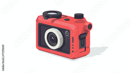 Action camera in red housing for helmet mount