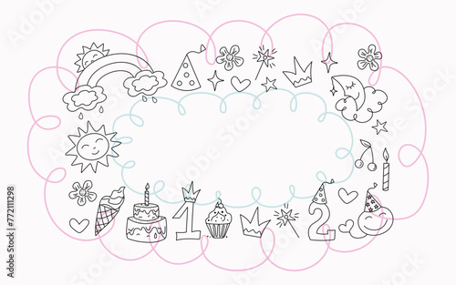 Frame, banner Birthday. Set Cute badges, cartoon birthday attributes. Children's holiday, magical doodles. Vector illustration, sketch. Sweets, candles, cap, crown, numbers. Line icons.