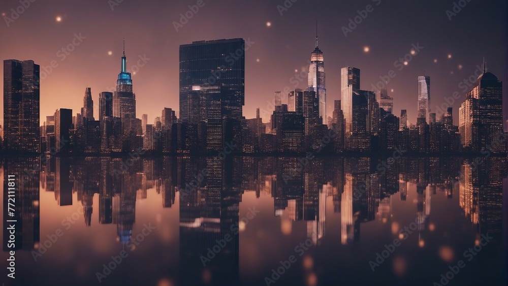 Generative AI. skyscrapers illuminated at dusk, New York skyline. IT building, IT hub, Business hub, media city, metropolitan town.   - obrazy, fototapety, plakaty 