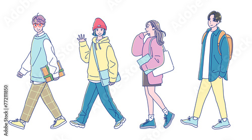 笑顔で歩く若い男女の学生