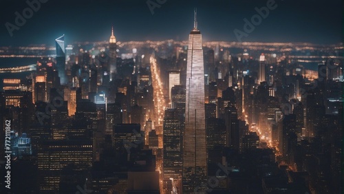 Generative AI. skyscrapers illuminated at dusk, New York skyline. IT building, IT hub, Business hub, media city, metropolitan town.  