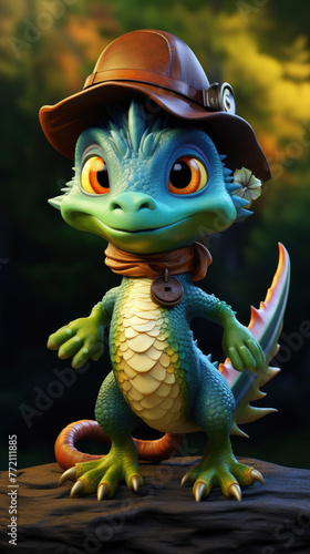 A cartoonish green lizard with a brown hat and a scarf around its neck. The lizard is smiling and he is happy © Mongkol