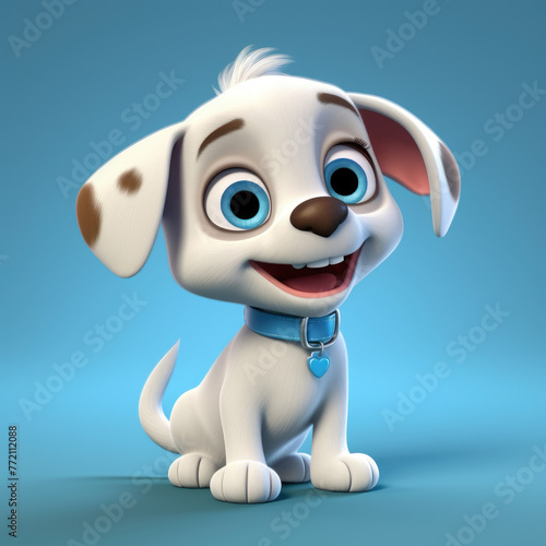 A cartoon dog with a blue collar is smiling and has a heart on its collar