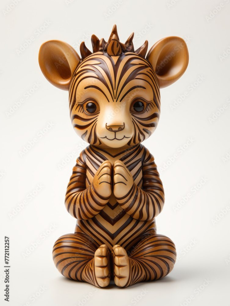 A small wooden bear with a zebra pattern on its face is sitting on a white surface. The bear has a peaceful and serene expression, as if it is in a state of meditation A small wooden bear with a zebra pattern on its face is sitting on a white surface. The bear has a peaceful and serene expression, as if it is in a state of meditation