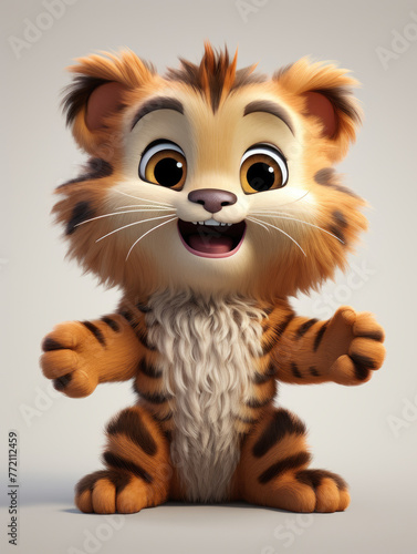 A cartoon tiger is smiling and waving at the camera. The image has a playful and cheerful mood, with the tiger's big eyes and fluffy fur adding to its cuteness