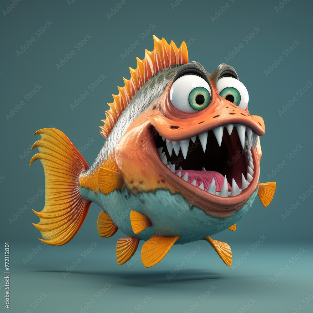 Fototapeta premium A cartoon fish with a big mouth and orange fins. The fish is smiling and has a happy expression
