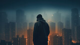 A man stands in the middle of a city at night, looking up at the sky. The city is lit up with lights, creating a moody atmosphere. The man is lost in thought