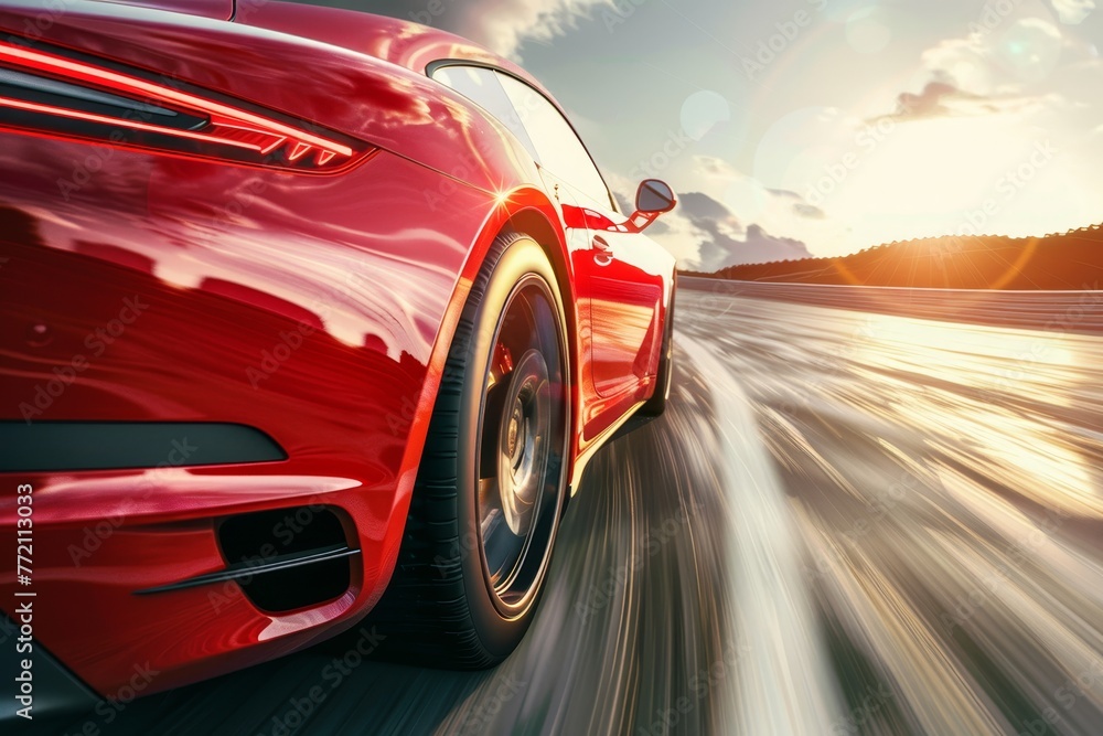 Bright red super sports car swiftly maneuvering on high-speed highway in sunlight Bright red super sports car swiftly maneuvering on high-speed highway in sunlight
