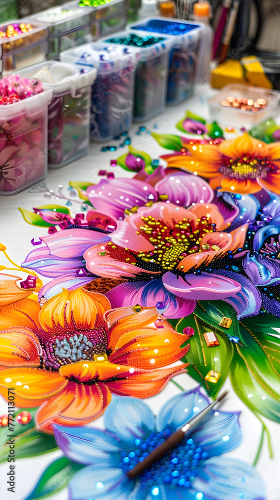 Intricate Stages of Diamond Painting featuring Beautiful Floral Design Artwork