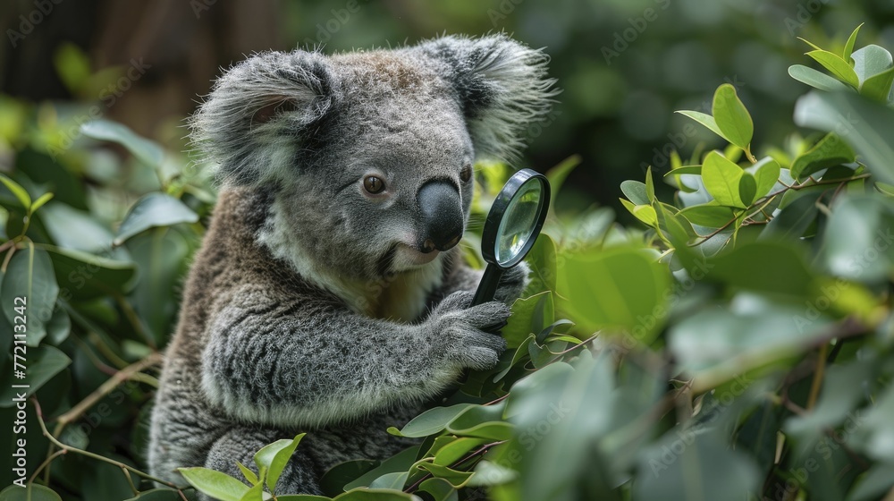 Fototapeta premium Inquisitive koala studies leaves closely, symbolizing curiosity and precision in ecology research and education.