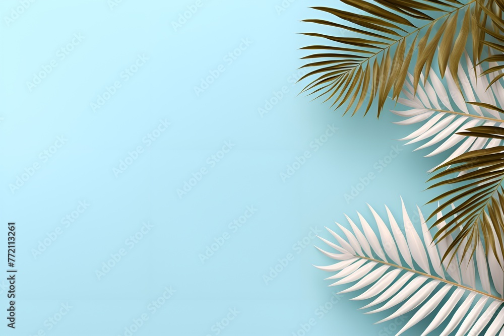 White Blank Background with Palm Leaves Against Blue, white background, blank, palm leaves, blue White Blank Background with Palm Leaves Against Blue, white background, blank, palm leaves, blue