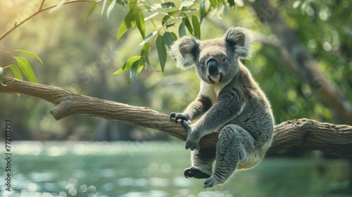 A tranquil koala sits atop a branch above pristine waters  epitomizing purity and the commitment to safeguarding the environment through water treatment services.