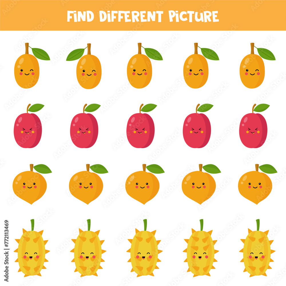 Find different cartoon cute fruit in each row. Logical game for preschool kids. Find different cartoon cute fruit in each row. Logical game for preschool kids.