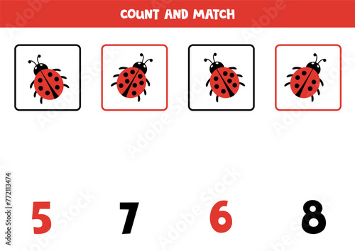 Counting game for kids. Count all ladybugs and match with numbers. Worksheet for children.