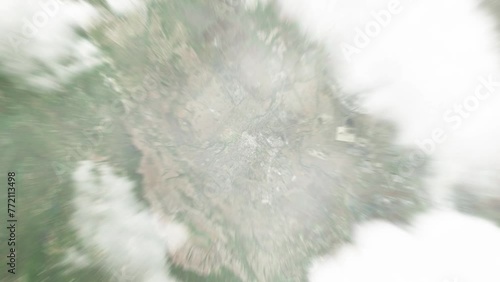Earth zoom in from space to Rustenburg, South Africa. Followed by zoom out through clouds and atmosphere into space. Satellite view. Travel intro. Images from NASA photo