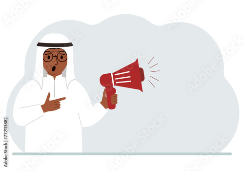 A man holds a loudspeaker or megaphone in his hand. Big sale, discount, breaking news or new collection concept for advertising or web banners.