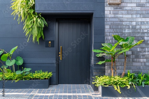Modern black front door with plants, facade of stylish building on trendy urban street