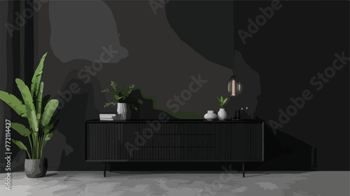 Black sideboard in black living room with copy space
