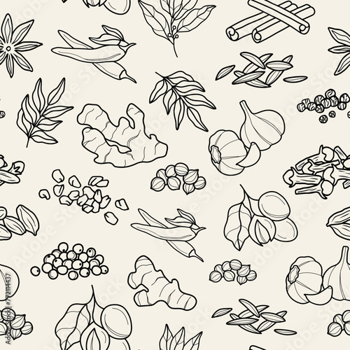 Line art curry spices seamless pattern
